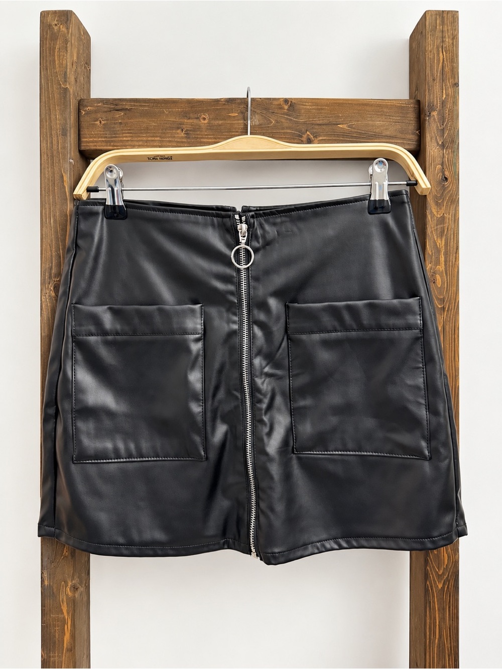 Fashion Nova Black Faux Leather O-Ring Zip Mini Skirt Pockets